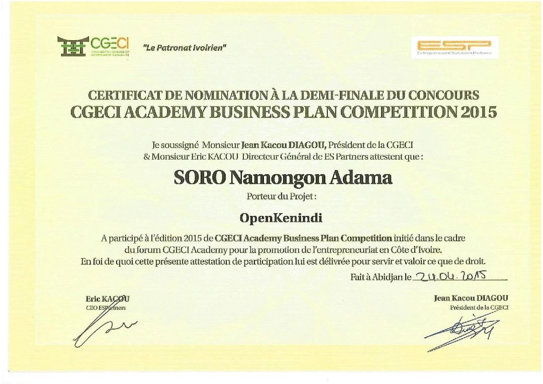 Certificat de nomination à la demi-finale du CGECI Academy Business Plan Competition 2015
