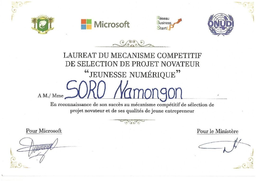 Certificat lauréat Jeunesse Numérique, projet novateur
