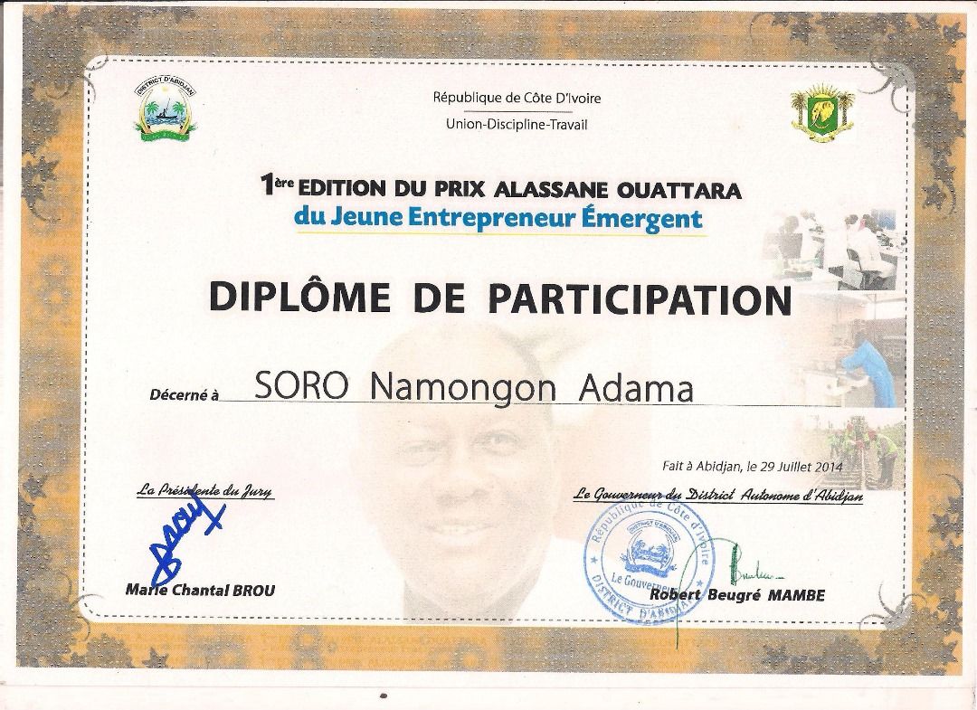 Diplôme du Prix Alassane Ouattara du Jeune Entrepreneur Émergent, 2014